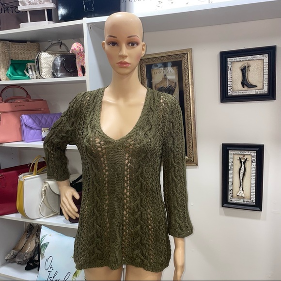 Lauren Ralph Lauren Sweaters - Lauren Ralph Lauren Olive Green Mercerized Cotton Crochet Eyelet V Neck Sweater
